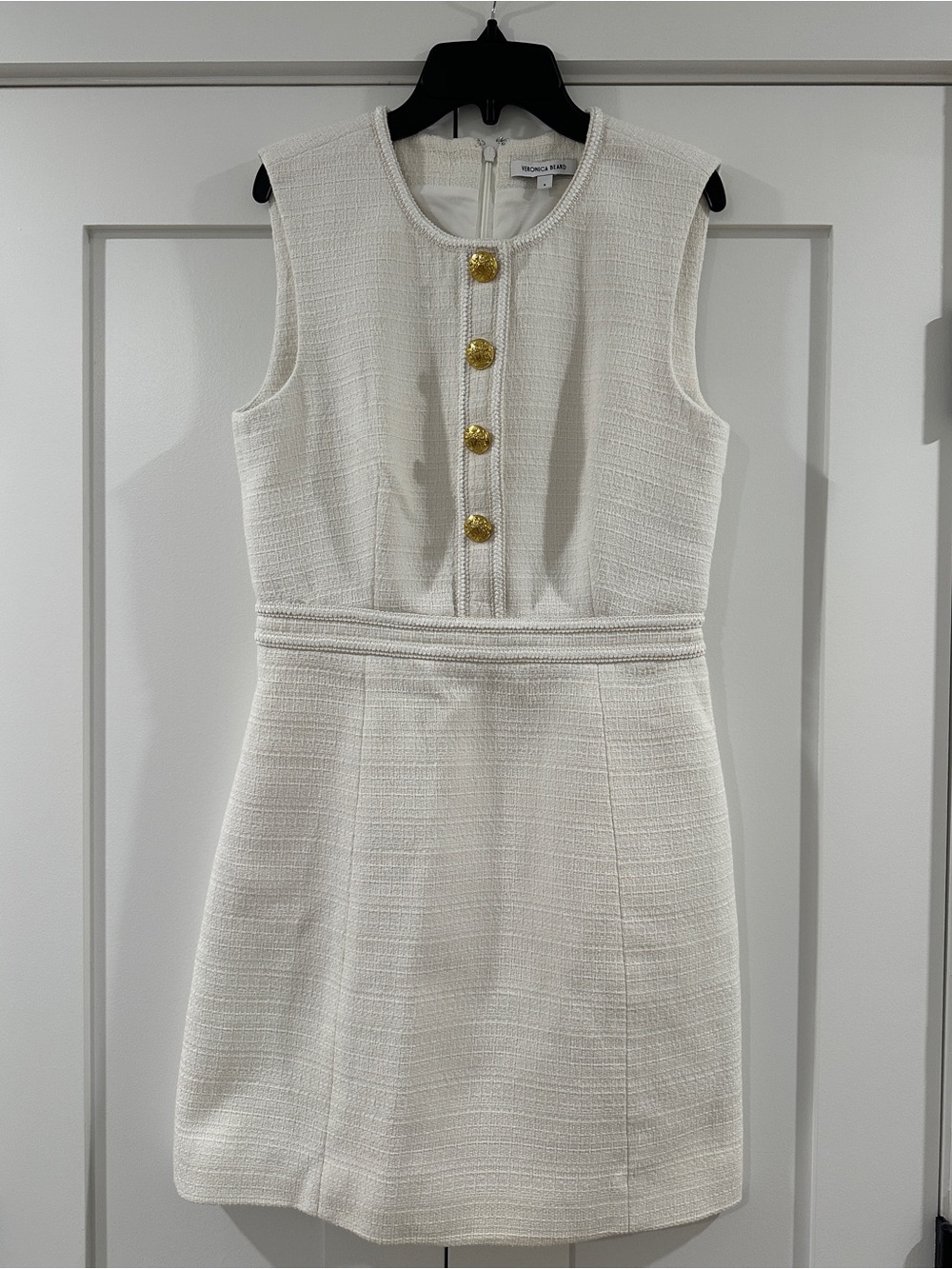 Veronica Beard White Sleeveless Tweed Dress with Gold Buttons